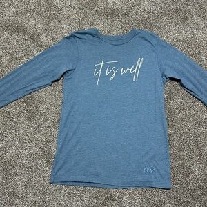 NHim It Is Well women’s long sleeve t-shirt. Blue. Bible. Christian. Church